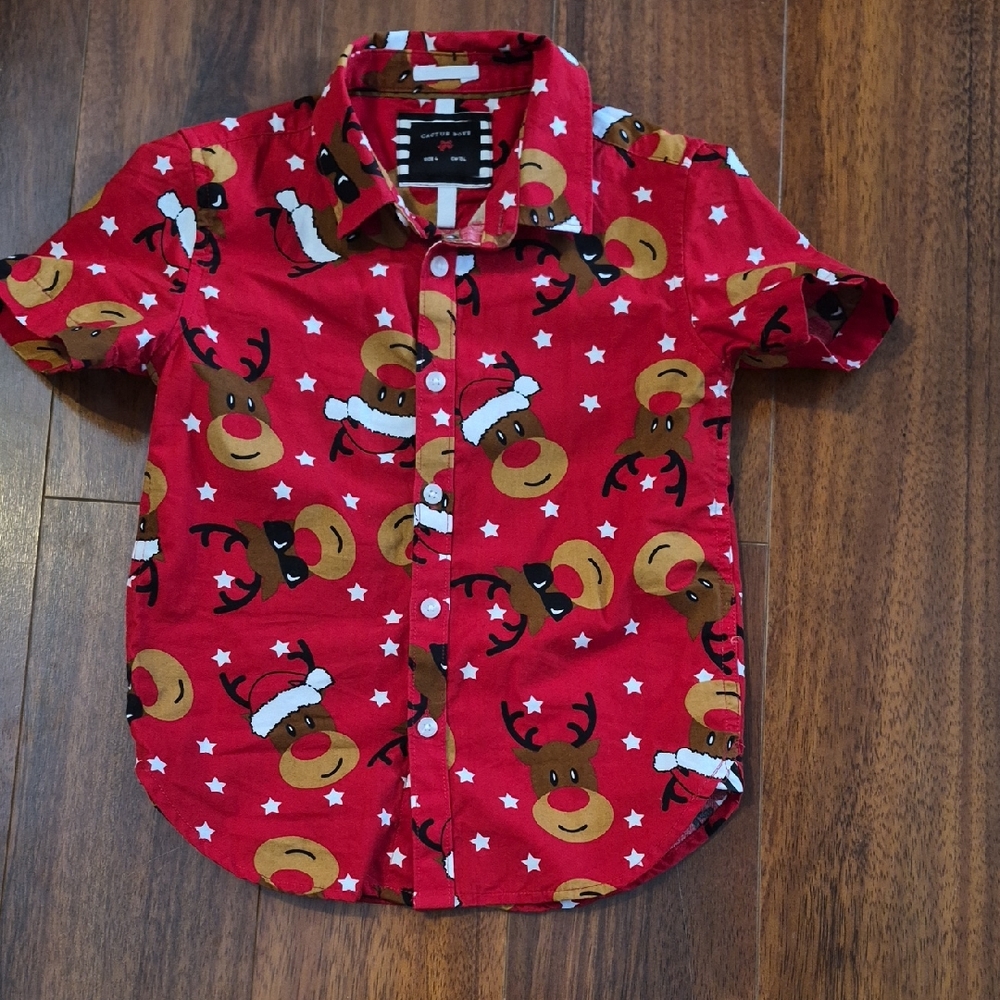 Cactus Red Kids Button Down Shirt with Reindeer Print Christmas